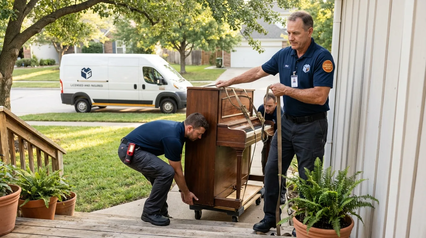 Licensed piano movers securing grand piano in Lansing, KS