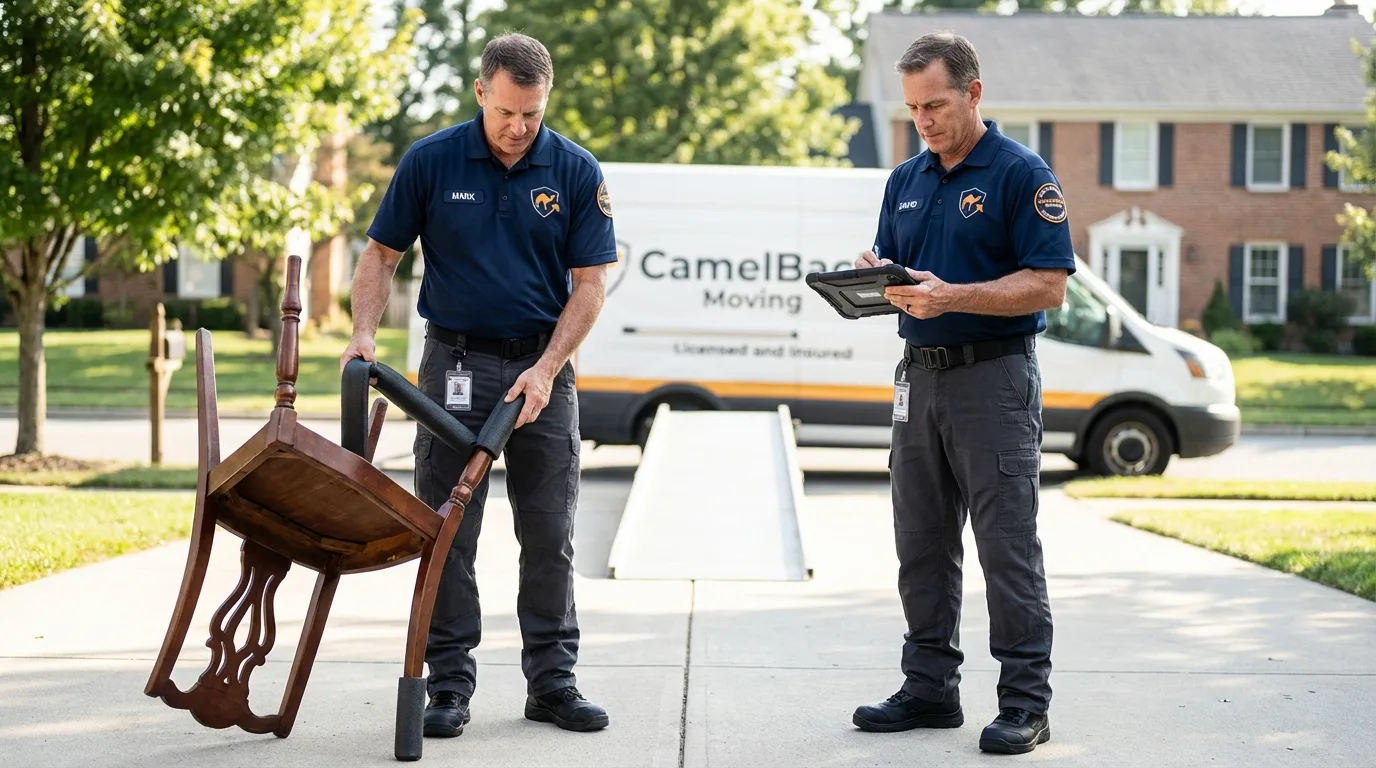 Movers inspecting furniture for damage prevention before loading in Lansing, KS